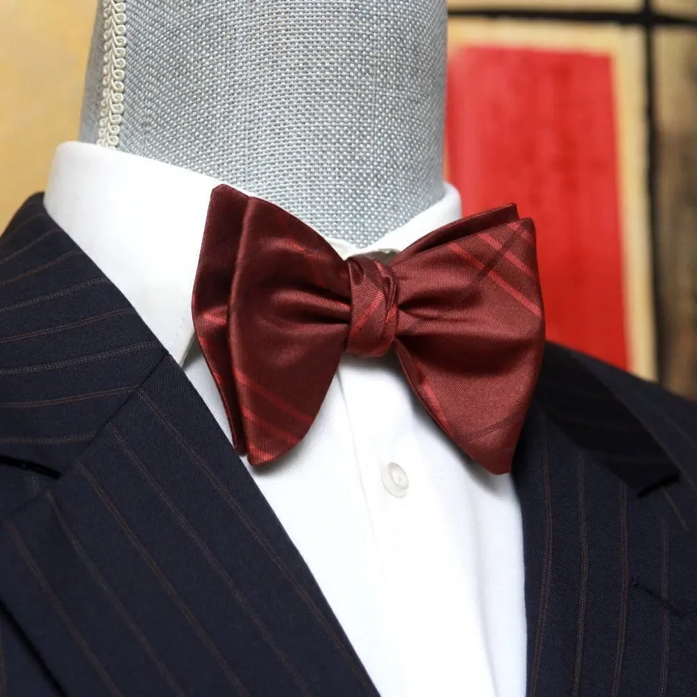 New Men's Self-tied Bow Tie 100%Silk SMALL Butterfly‎ Burn Plaid S652